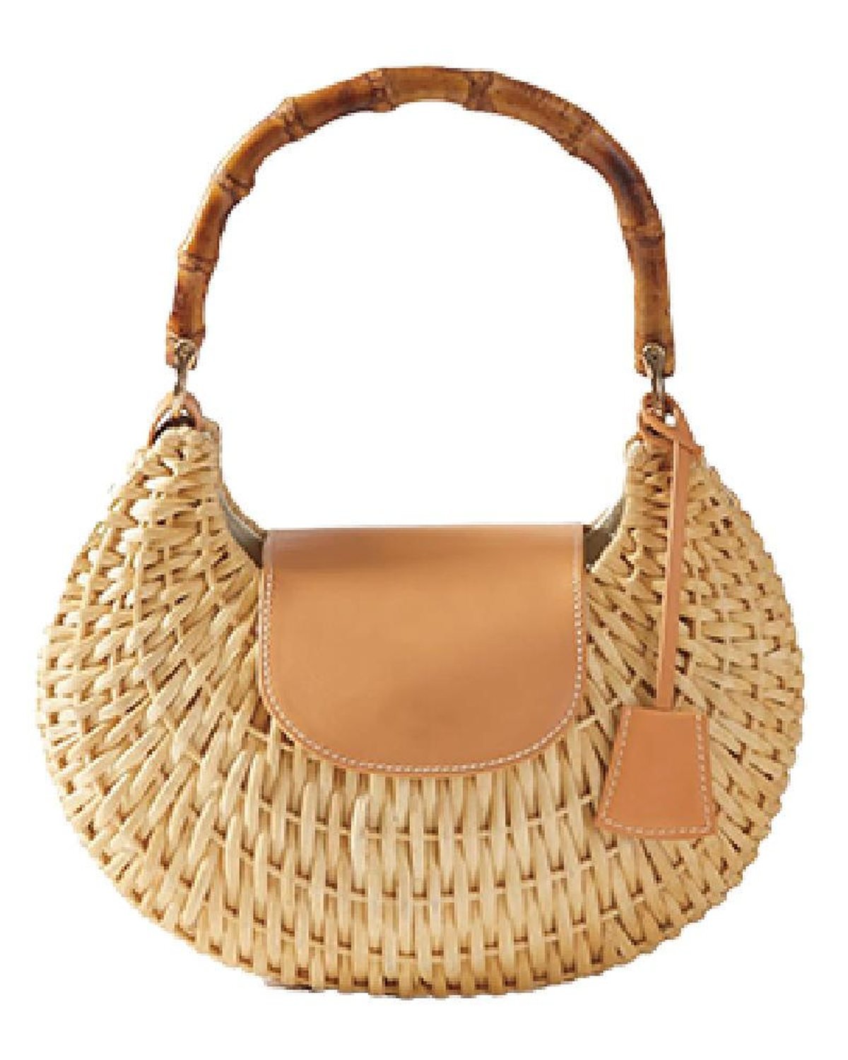 Hand-woven straw handbag with a bamboo handle and leather flap